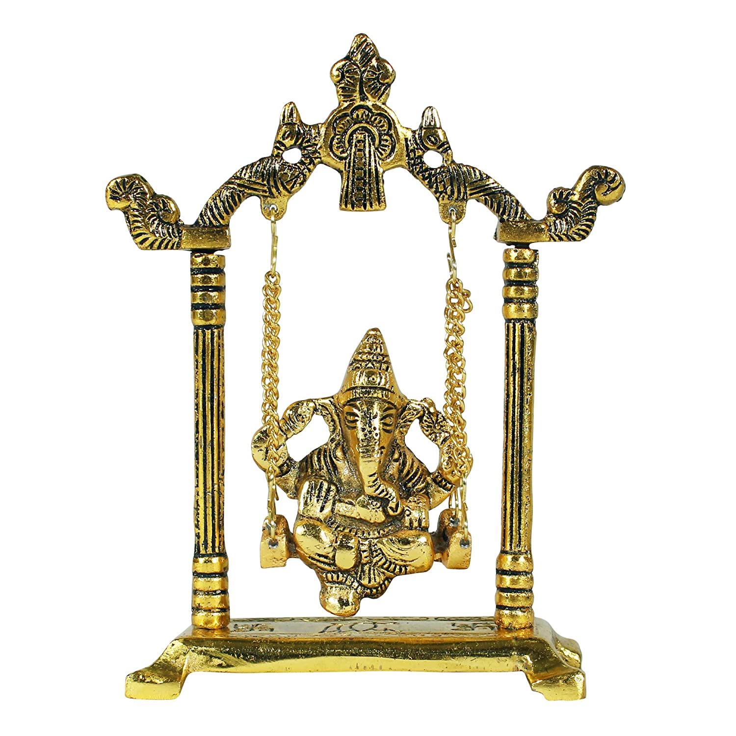 Dreamkraft White Metal Ganesh Ji on Swing Peacock Jhula Idol Showpiece (13cm x 6.5cm x 19.5cm)