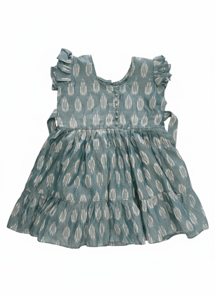 Girls Blue Ikat Print Tiered Frock Dress with Ruffled Sleeves