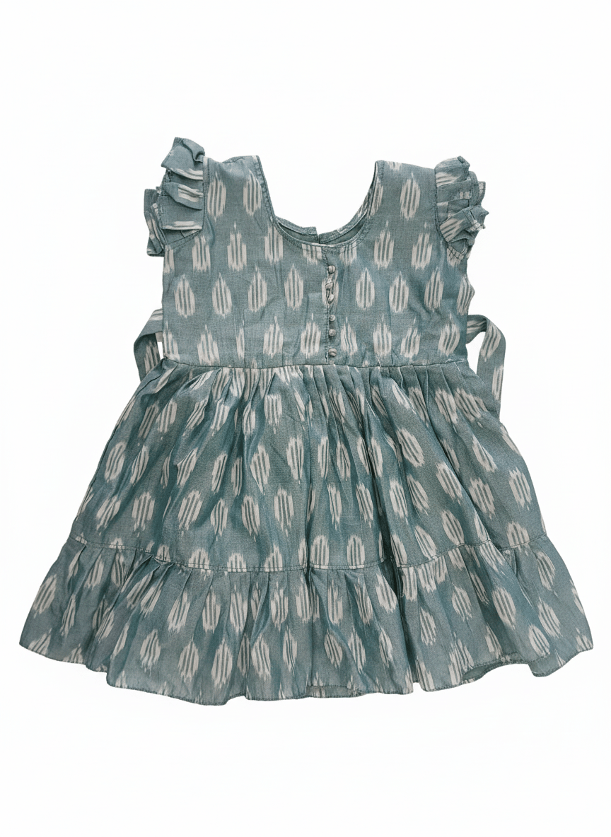 Girls Blue Ikat Print Tiered Frock Dress with Ruffled Sleeves