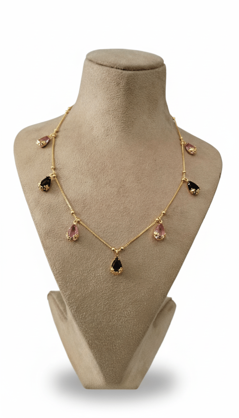 Gold-Plated Necklace with Pink & Black Teardrop Charms
