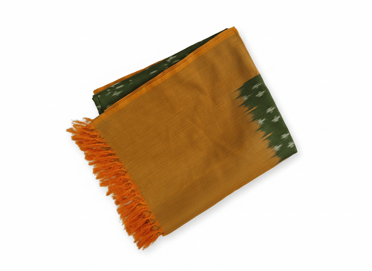 Ikat Patterned Green and Gold Stole with Fringes