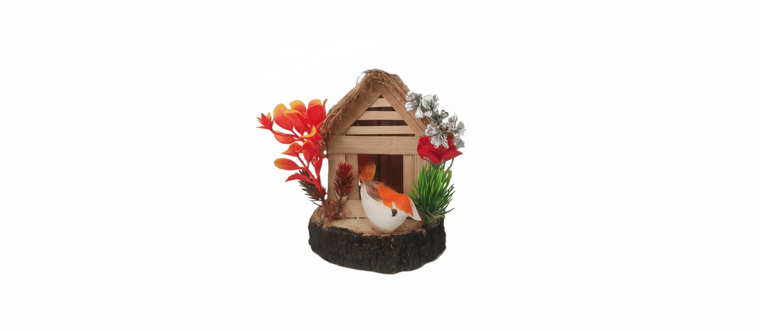 Decorative Hut with Bird and Flowers Miniature Showpiece