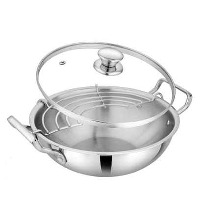 Prabha Elante Triply Kadai with Glass Lid 2.2 Litre | Cookware Kadai Set with Oil Drainer Strainer & Matt | Induction Base Kadhai for Cooking/Deep Frying |Non-Stick Kadhai Steel Stainless