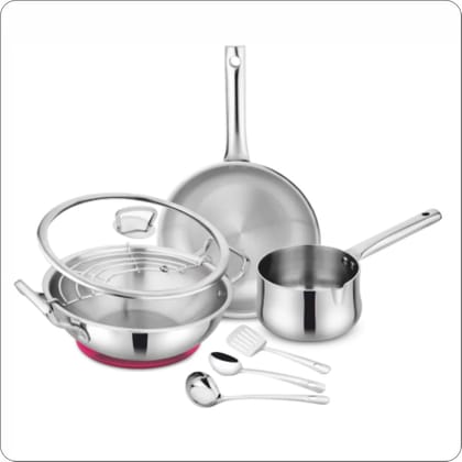 Prabha Elante Tri-Ply Stainless Steel Cookware Set| Cookware Kadai Set with Oil Drainer Strainer & Matt | Induction Base Kadhai for Cooking/Deep Frying , Includeds (Pan / Skimmer / Laddle) 
