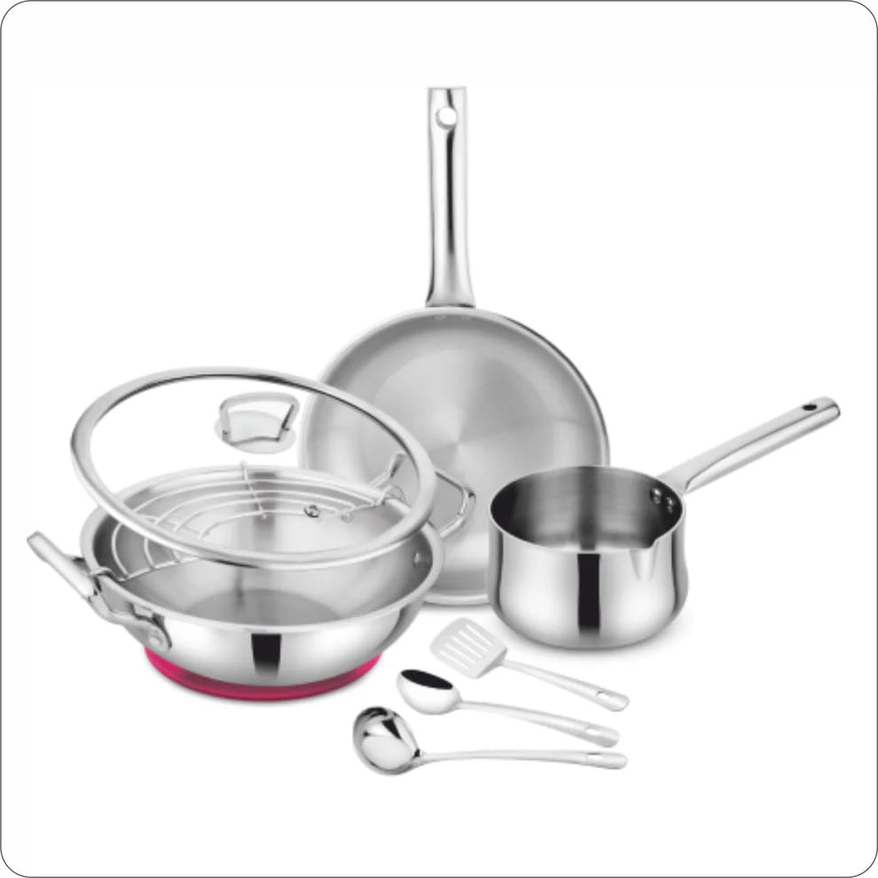 Prabha Elante Tri-Ply Stainless Steel Cookware Set| Cookware Kadai Set with Oil Drainer Strainer & Matt | Induction Base Kadhai for Cooking/Deep Frying , Includeds (Pan / Skimmer / Laddle) 