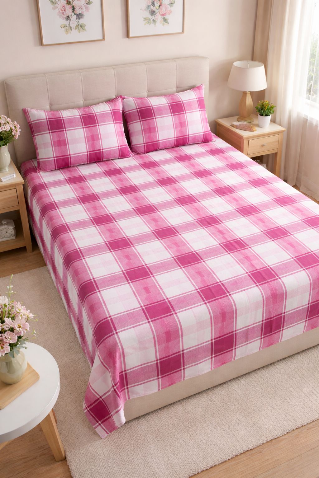 Pink Plaid Checkered Cloth Queen size bedsheet 2 pillow covers