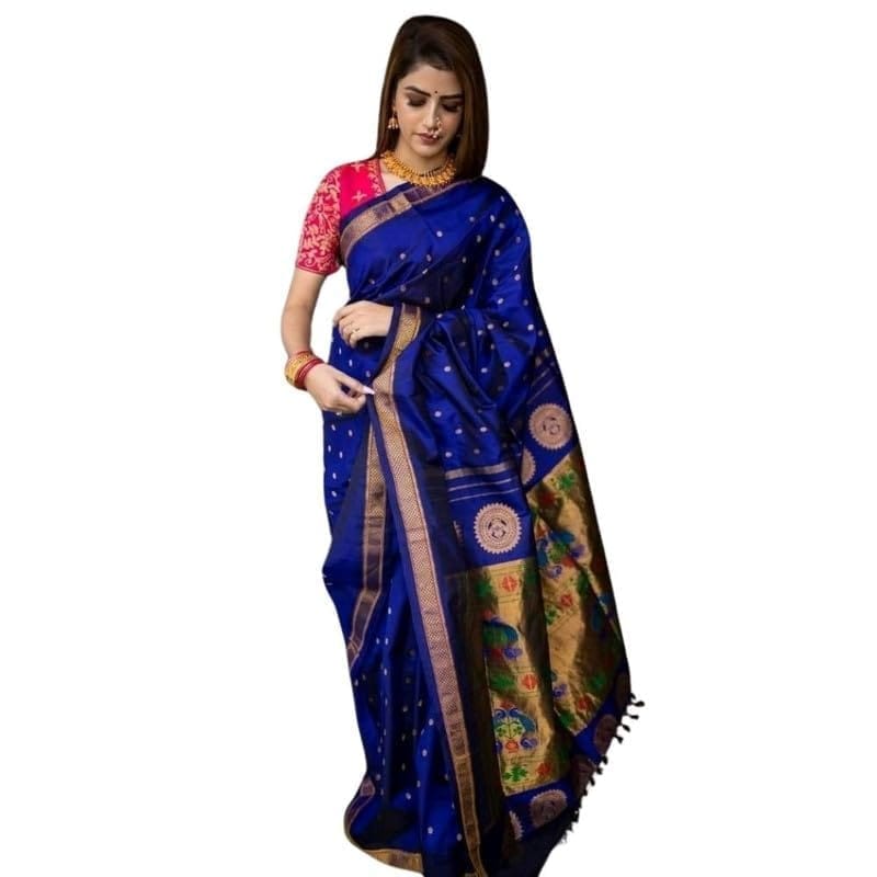 Women's Silk Printed Saree With Unstitched Blouse 5.5Mtr (Blue)-PID60337
