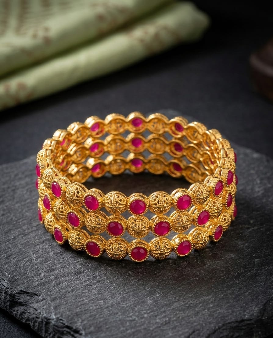 Royal Ruby Gold Beaded Bangle Set