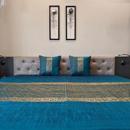 Regal Gold Tanchui Brocade Blue Polyester Bedcover with 2 Cushion Covers – King Size