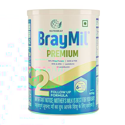 Braymil Premium 2 Follow Up Formula| 65% Whey Protein | GOS & FOS, DHA & ARA|Lactoferrin & α- Lactalbumin | Stage - 2 for 6-12 Months | 400 g Tin pack
