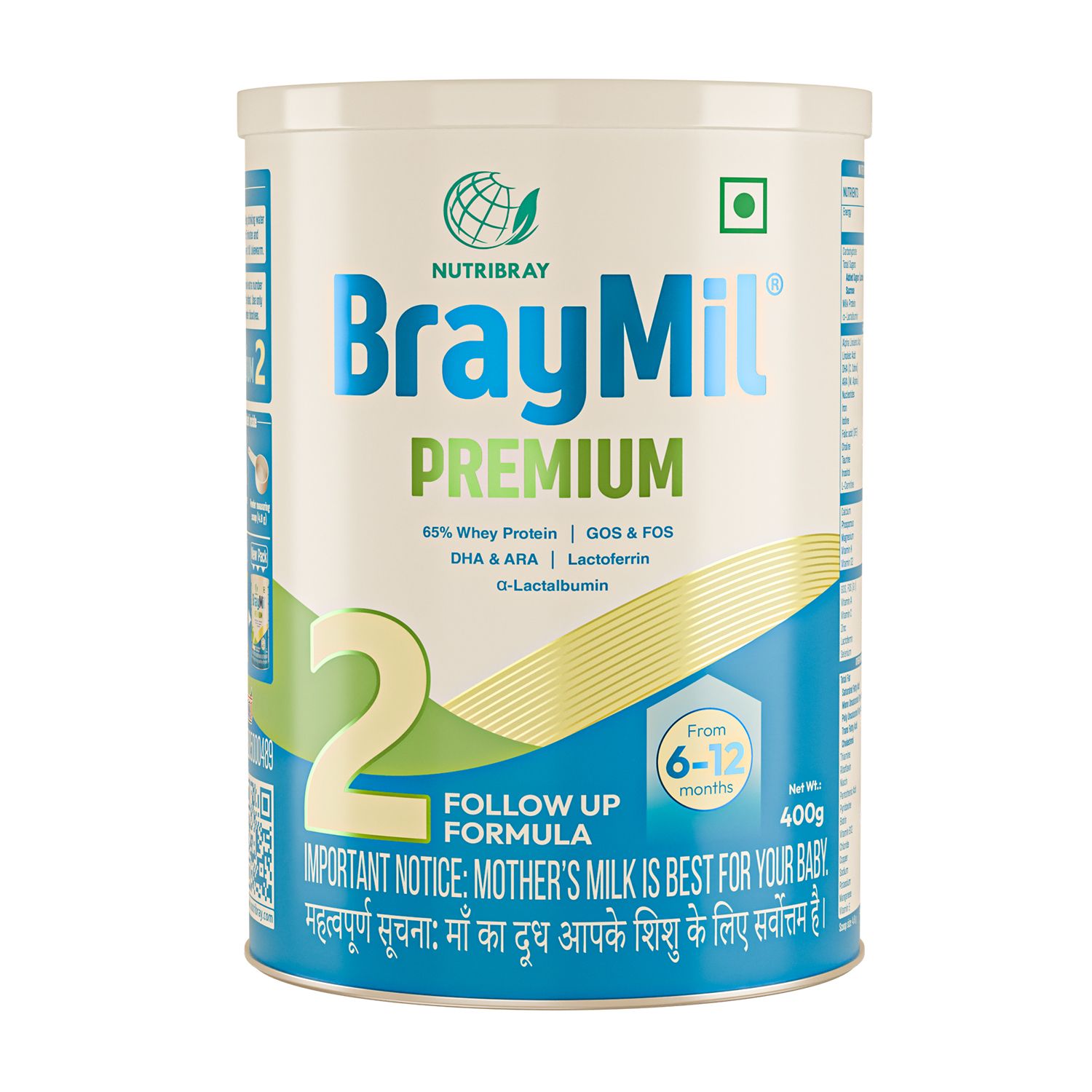 Braymil Premium 2 Follow Up Formula| 65% Whey Protein | GOS & FOS, DHA & ARA|Lactoferrin & α- Lactalbumin | Stage - 2 for 6-12 Months | 400 g Tin pack