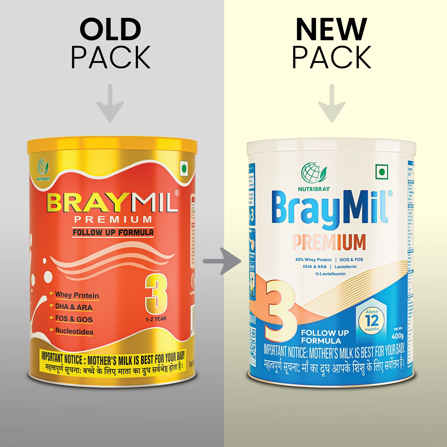 Braymil Premium 3 Follow up Formula |65% Whey Protein|GOS & FOS, DHA & ARA| Lactoferrin & α - Lactalbumin | for 12 to 24 Months baby | Tin pack 400 gm