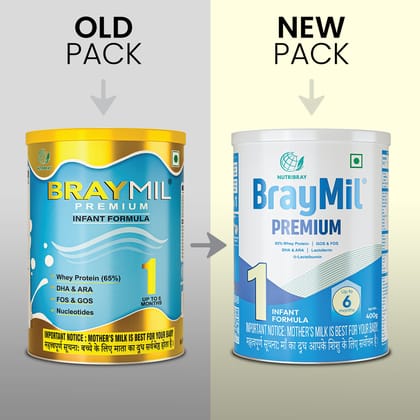 Braymil Premium 1 Infant Formula |65% Whey Protein|GOS & FOS, DHA & ARA| Lactoferrin & α - Lactalbumin | for 0 to 6 Months baby | Tin pack 400 gm