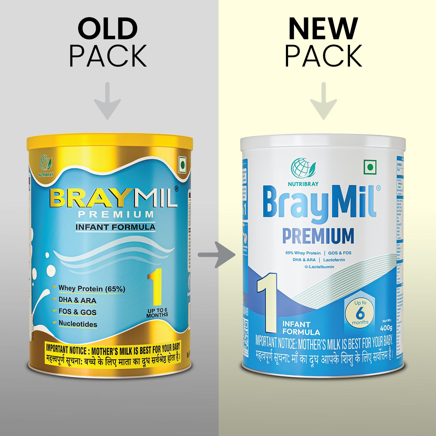Braymil Premium 1 Infant Formula |65% Whey Protein|GOS & FOS, DHA & ARA| Lactoferrin & α - Lactalbumin | for 0 to 6 Months baby | Tin pack 400 gm
