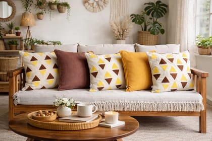 Minimal Cushion Cover Combo Set of 5 | Brown Multi And Mustard | Cotton Duck and Cotton Linen  | 16" X 16"