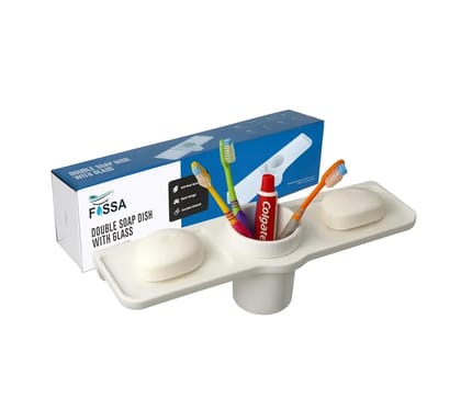 White Double Soap Dish with Glass Unbreakable Abs Triangular Ceramic Finish (RW-119)