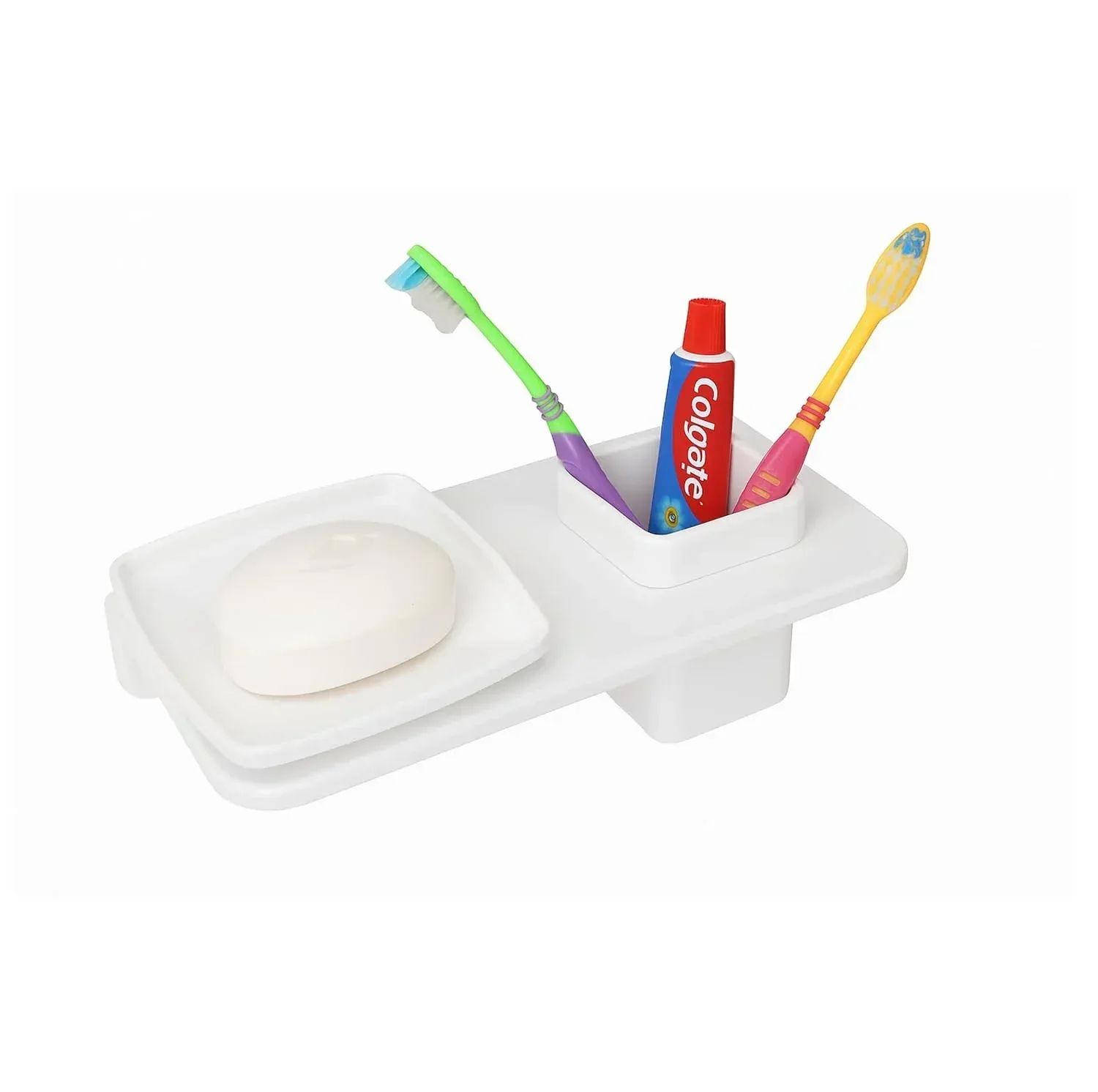 White Soap Dish with Toothbrush Holder Unbreakable Abs Rectangular Ceramic Finish (RW-114)