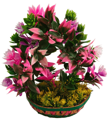 Artificial Potted Decorative Bonsai Plant with Pink Leaves and Basket