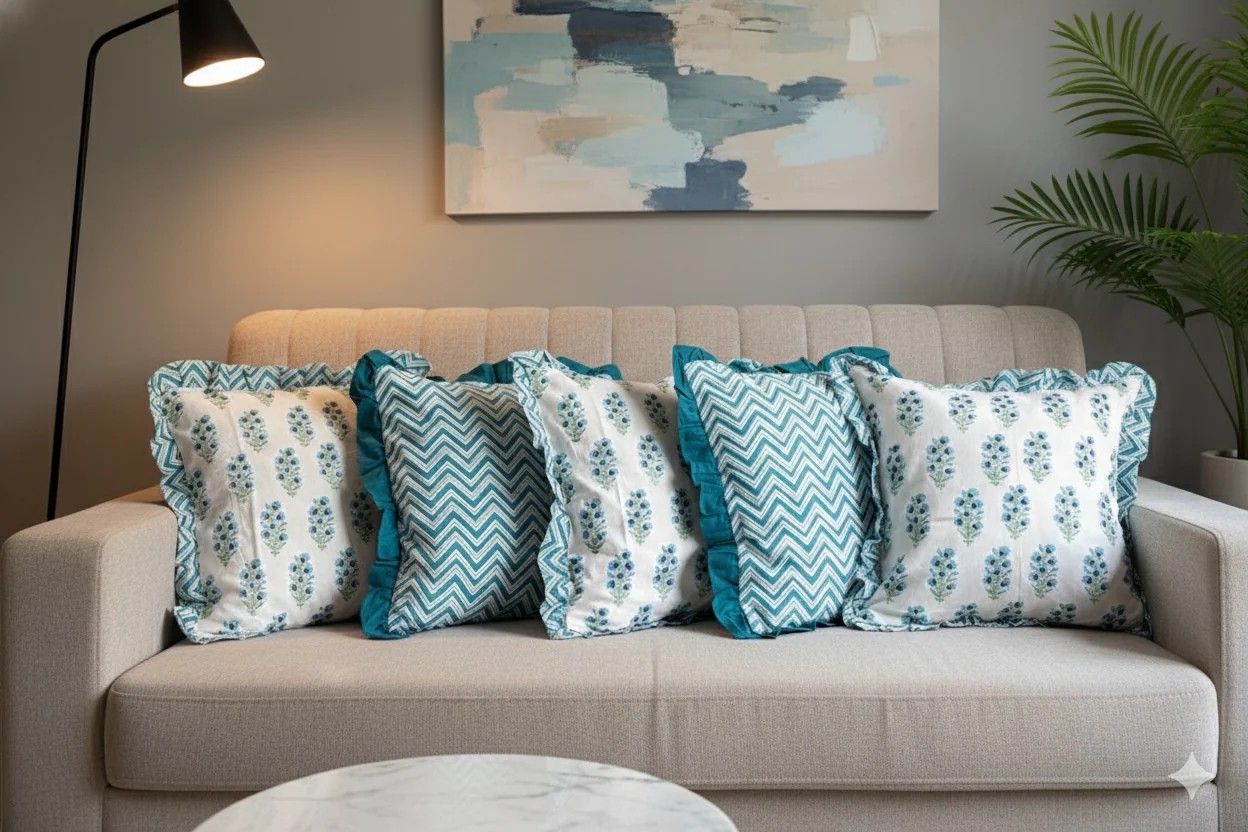 Contemporary Cushion Cover Combo Set of 5 | Teal Blue | cambric soft cotton | 16" X 16"