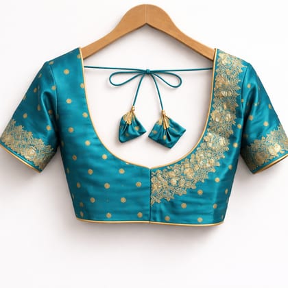 Women's Teal Silk Brocade Wedding Blouse with Gold Embellishments Women's Teal Silk Brocade Wedding Blouse with Gold Embellishments