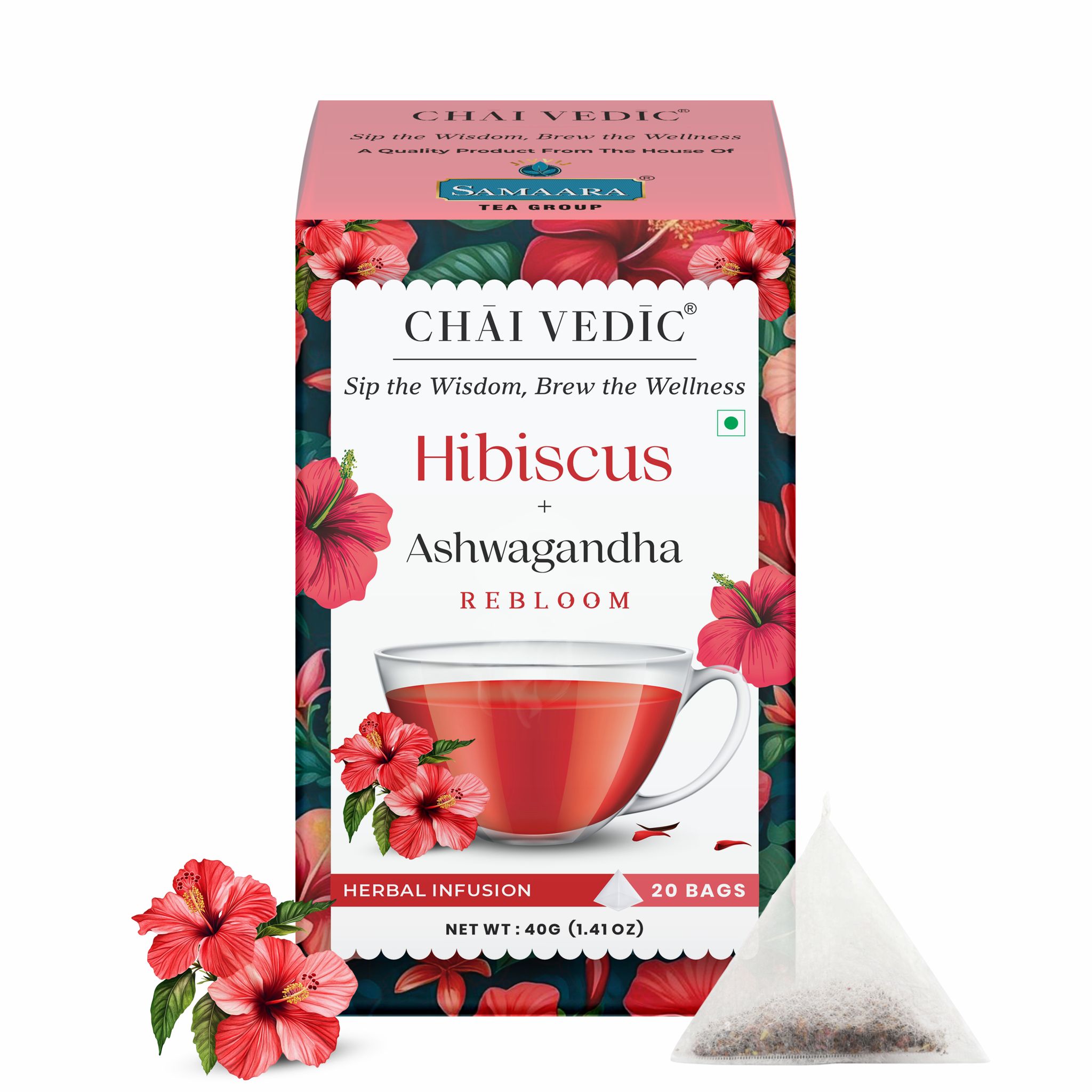 Chai Vedic Hibiscus Ashwagandha Rebloom Herbal Infusion Tea with Cinnamon, Ginger and Apple Flavour