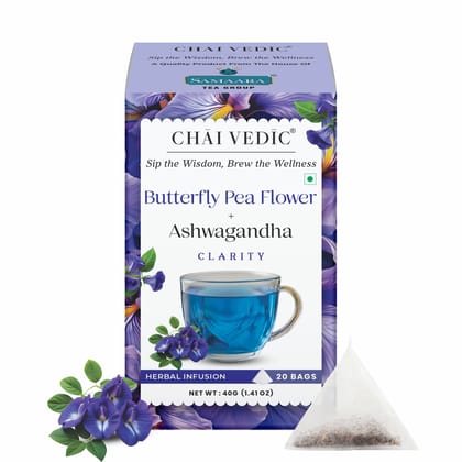 Chai Vedic Butterfly Pea Flower and Ashwagandha Herbal Infusion Tea, Clarity Blend, Tea Bags