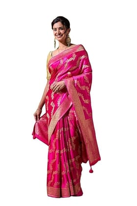 [Pack of 2] Women's Pink Banarasi Silk Saree with Gold Zari Border
