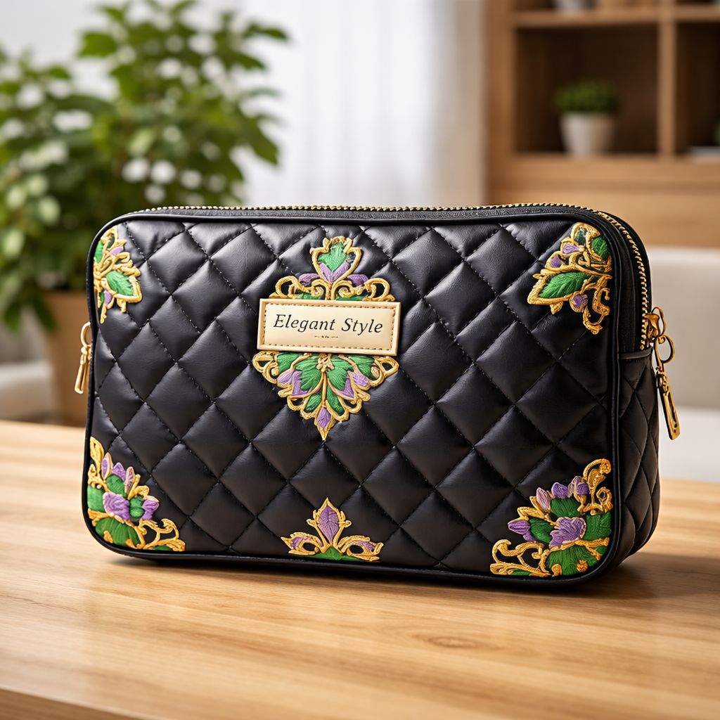 Black Quilted Embroidered Shoulder Bag
