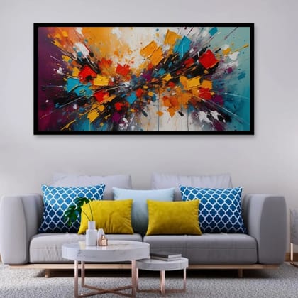 Luminary Colorburst Symphony – Modern Splash Museum-Quality Cotton Canvas Art for Living Room Décor | Frame Size (127 X 69 Cm) | Frame Type (Black) | 5-Year Warranty