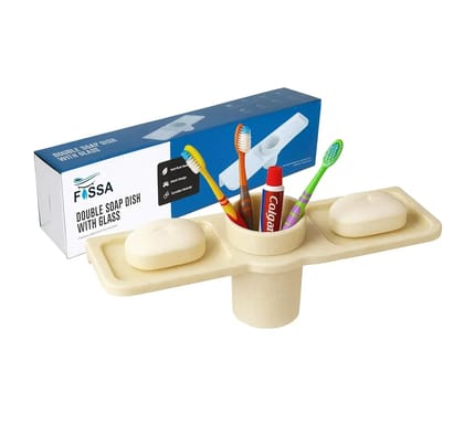 Ivory Double Soap Dish with Glass Unbreakable Abs Triangular Ceramic Finish (RM-119)