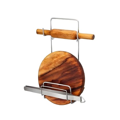 Stainless Steel Chakla Belan Stand with Chimta Holder – Wall Mount Rolling Pin & Board Rack | Multi-Purpose Kitchen Organizer (Silver, 1 Pc)