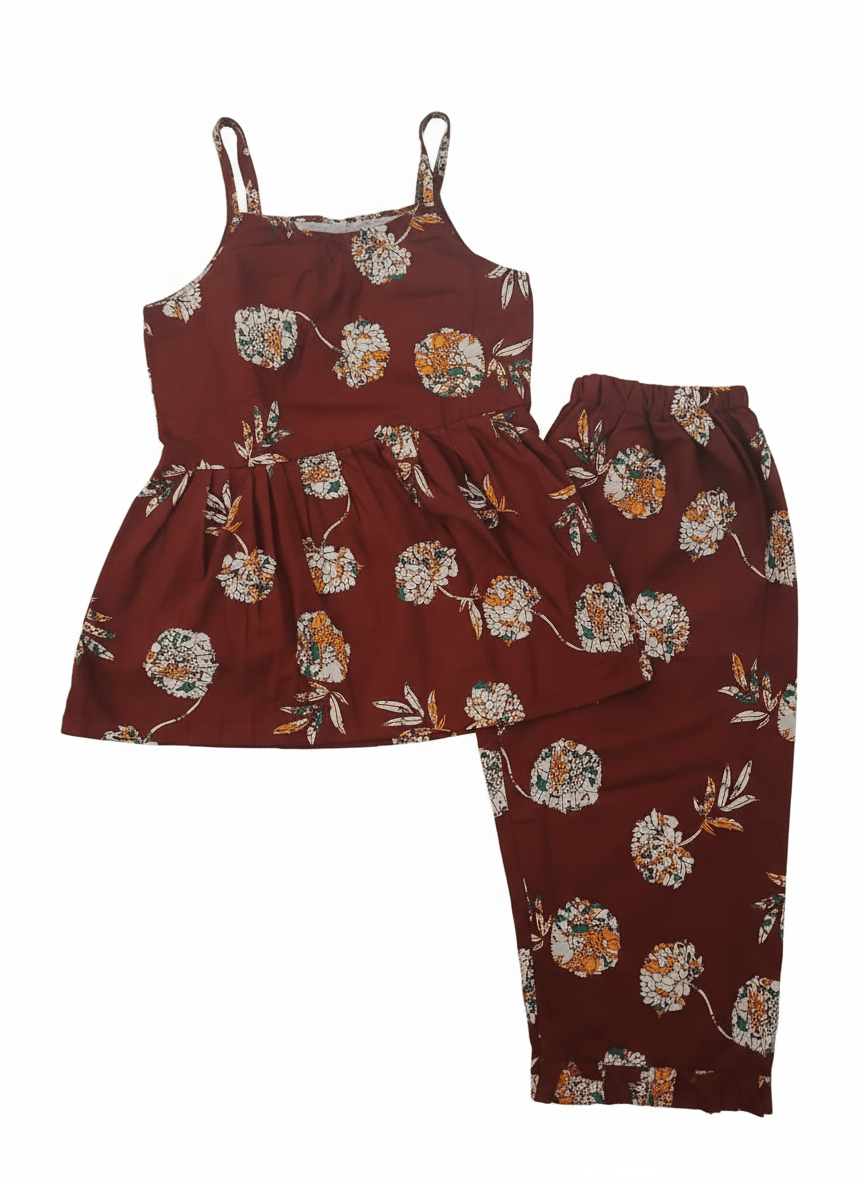 Girls Cotton Floral Print Peplum Top and Ruffled Hem Pants Set