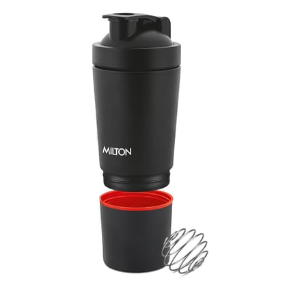 MILTON Pro Mix Ultra Shaker with Blending Ball, Black, Shakers for Protein Shake with detachable Storage Compartment, Leakproof, Fitness Freak, Gym Bottle for Men and Women BPA-Free (591ml + 200ml)
