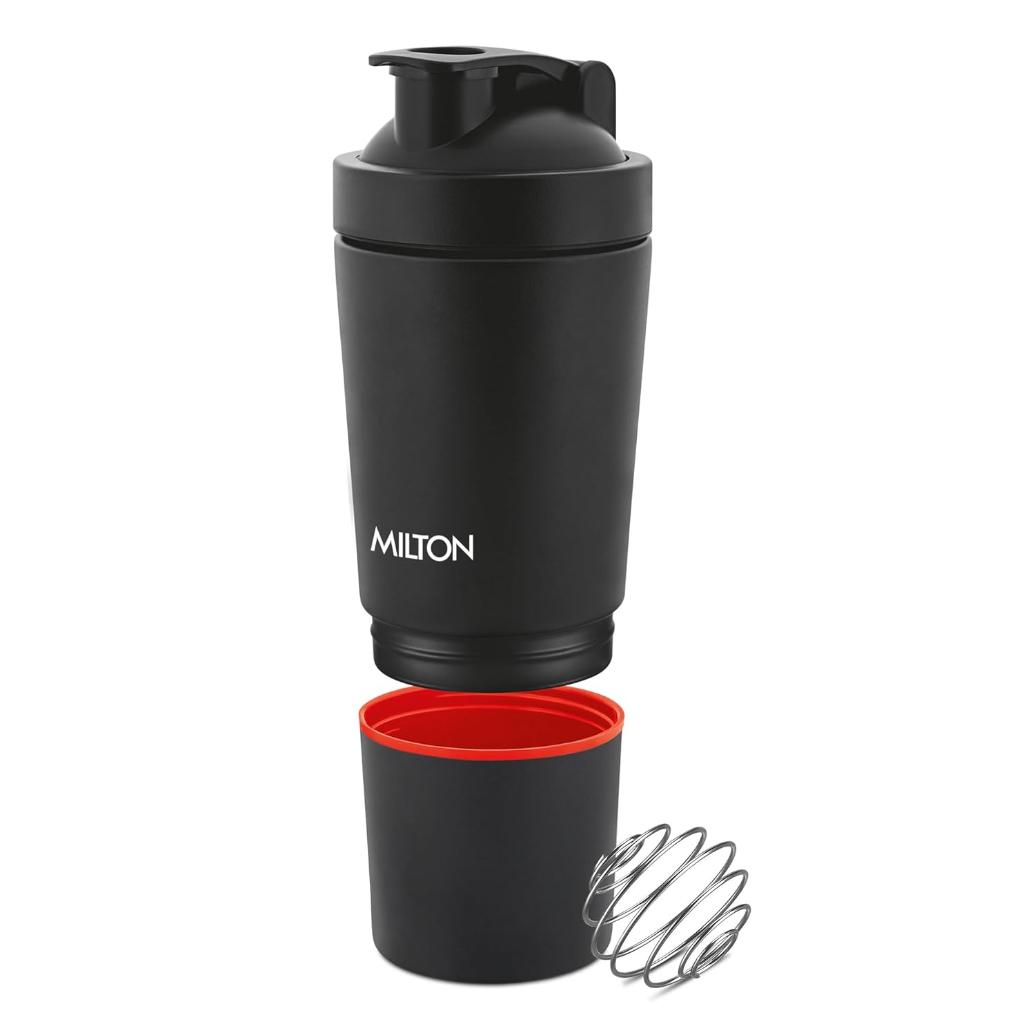 MILTON Pro Mix Ultra Shaker with Blending Ball, Black, Shakers for Protein Shake with detachable Storage Compartment, Leakproof, Fitness Freak, Gym Bottle for Men and Women BPA-Free (591ml + 200ml)