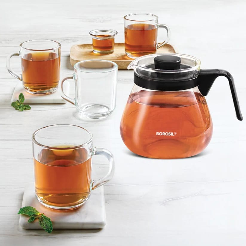 BOROSIL Vista Tea Set Of 5 , (1L Spout Mouth Carafe + 240ml x 4 Latte Mug)