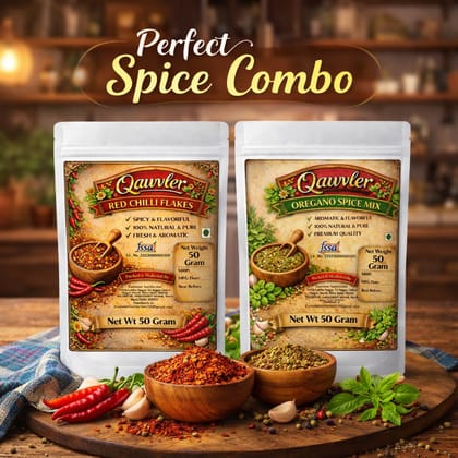 Qawvler | Pizza Chilli Flakes & Oregano | Spice Combo Pack, 100 Gram Total | Fresh & Pure Pizza & Pasta Seasoning | Each 50 Gram Each Pouch | (Pack of 2)