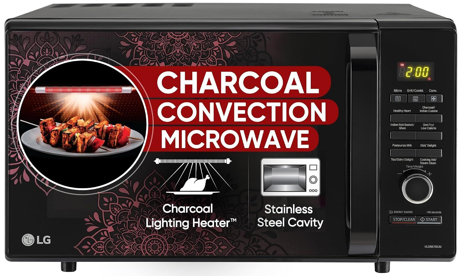 LG 28 L Charcoal Convection Healthy Microwave Oven with 301 Auto Cook Menu (MJ2887BIUM, Black, Healthy Heart Recipes, Diet Fry, 360 Motorised Rotisserie & 10 Years of warranty on Charcoal Heater) LG 28 L Charcoal Convection Healthy Microwave Oven with 30