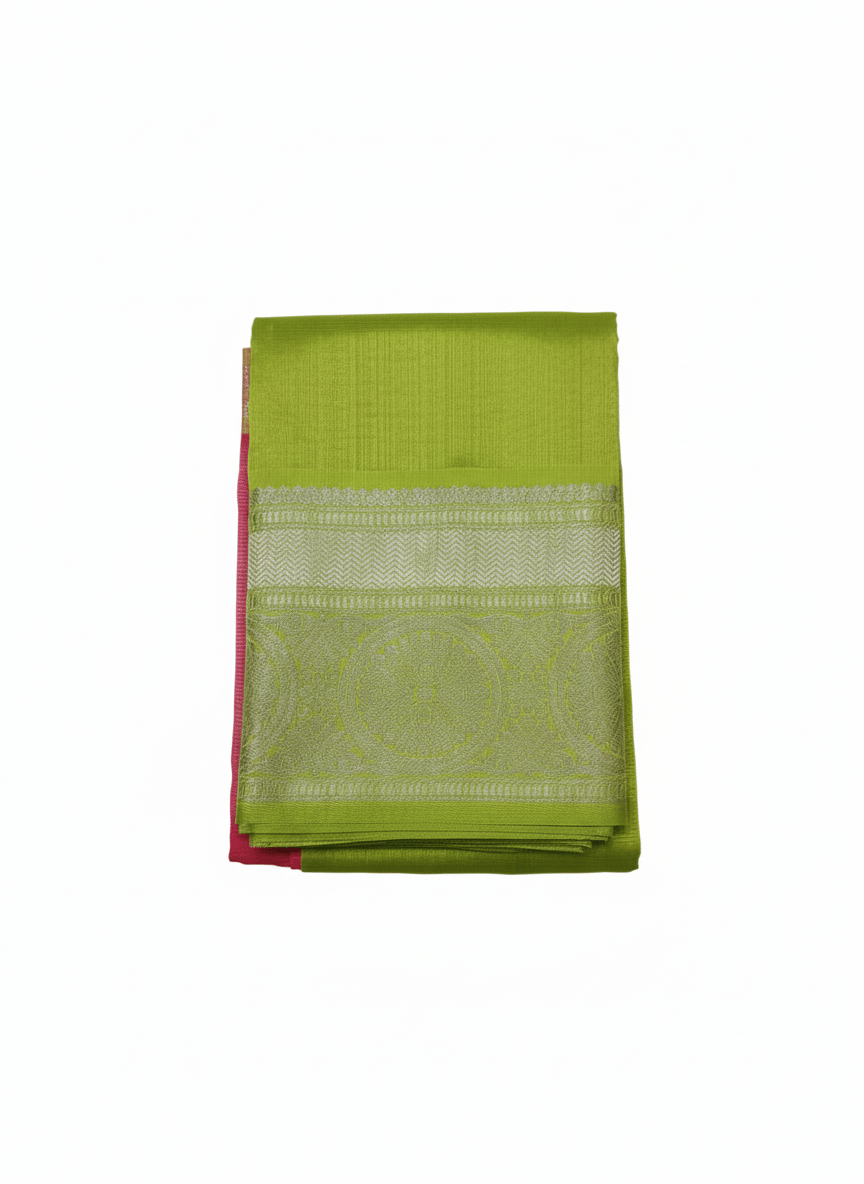 Olive Green Handloom Cotton Silk Saree with Pink Border