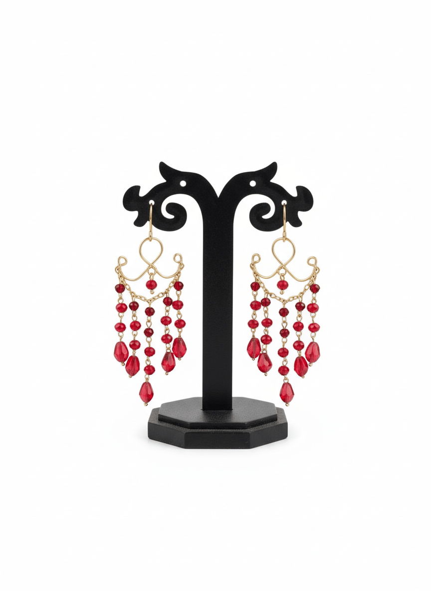 Gold Toned Red Crystal Chandelier Dangle Earrings