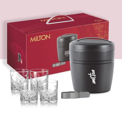 Milton Spiritz Ice Pail with Whiskey Glass Set – 1.5L PU Insulated Bucket, Tong, and 4 pcs, 340ml Each Tumblers for Cocktails, Bars, and House Parties (Black )