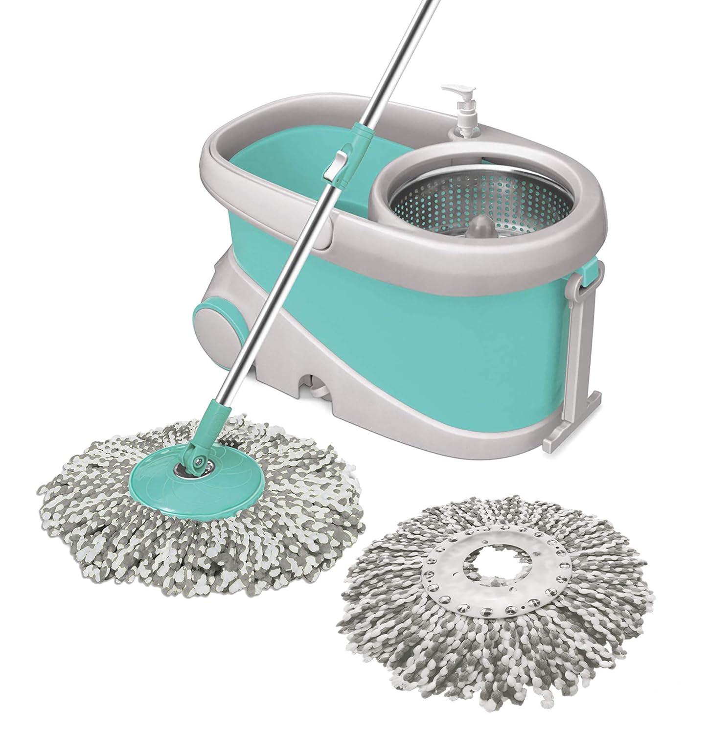 Spotzero by Milton Prime Stainless Steel Wringer Spin Mop with Big Wheel, Puller Handle, Bucket Floor Cleaning and Mopping System 360° Flexible,2 Microfiber Refills, Big Size, Aqua Green