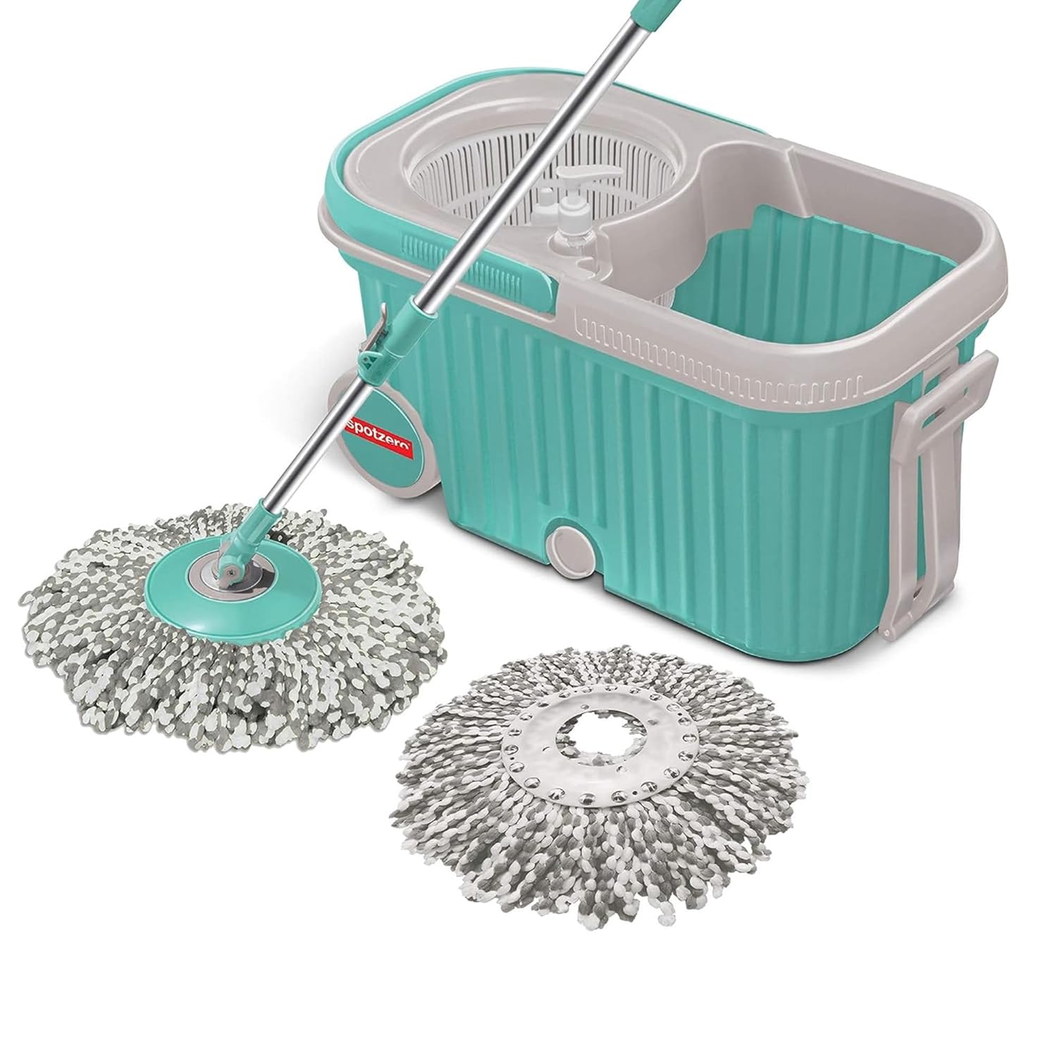 Spotzero by Milton Elite Spin Mop with Big Wheels, Puller Handle, Bucket Floor Cleaning and Mopping System 360° Flexible,2 Microfiber Refills, Big Size, Aqua Green