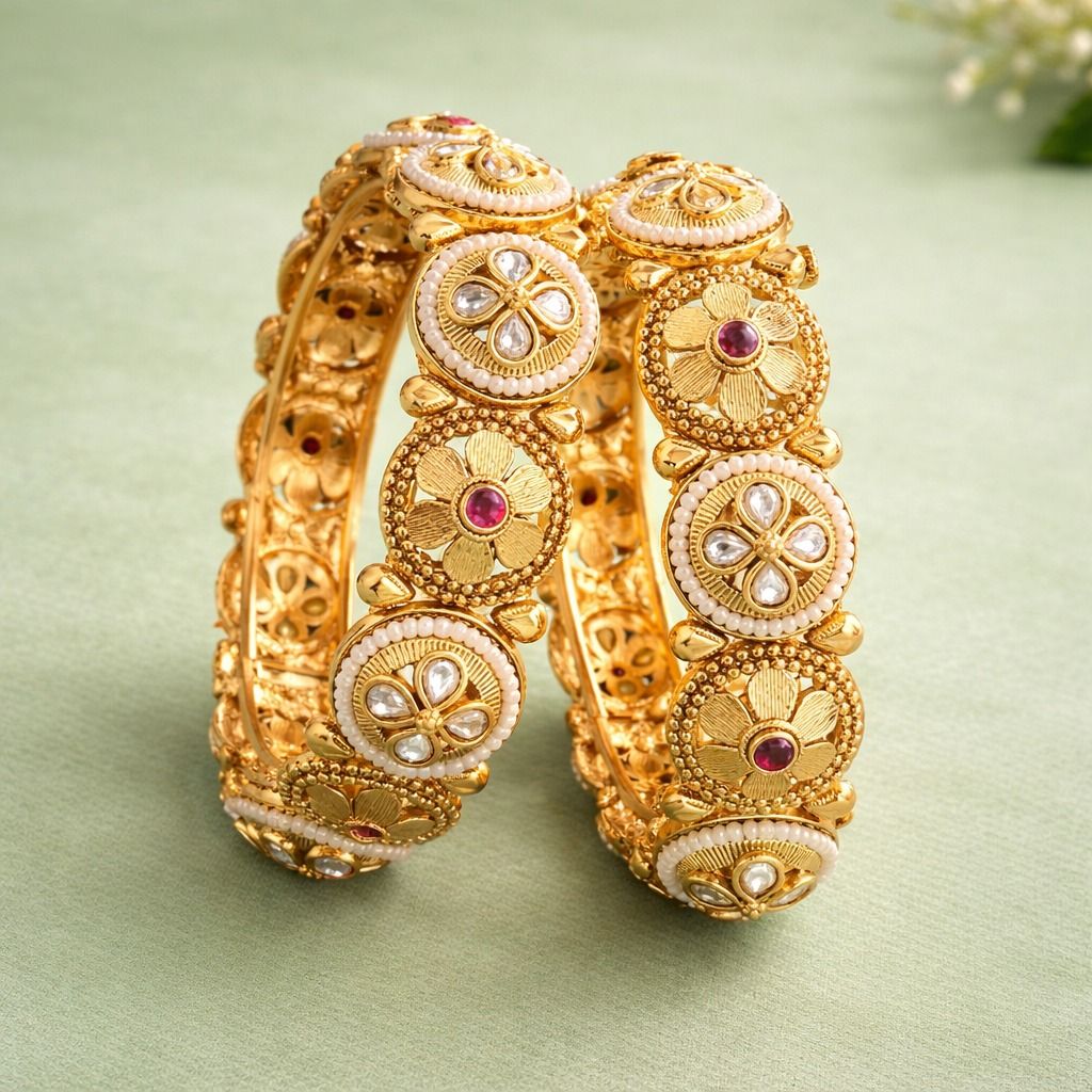Majestic Blossom Heritage Gold Bangles (Set of 2)
