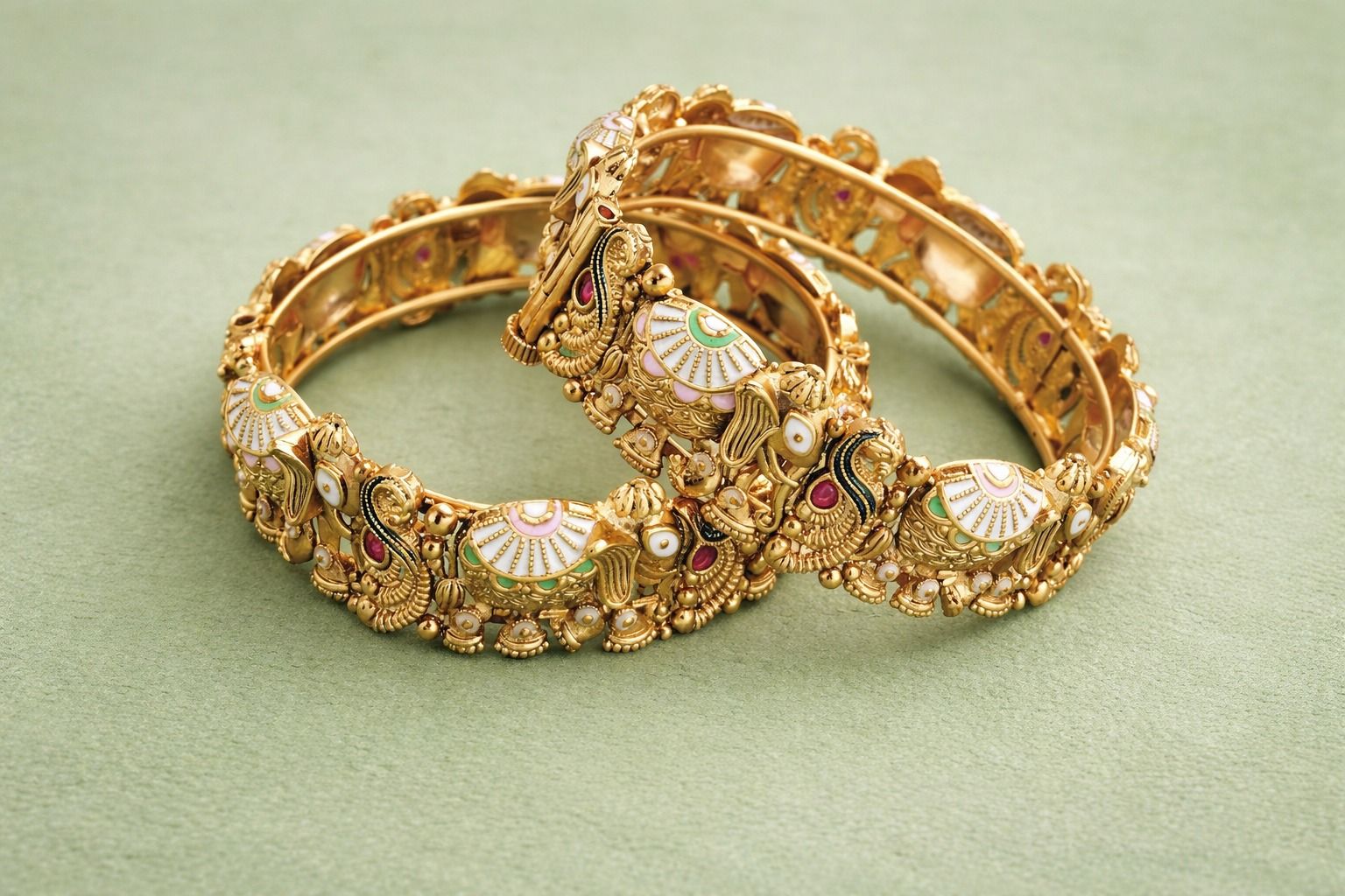 Royal Peacock Enamel Gold Bangles (Set of 2)