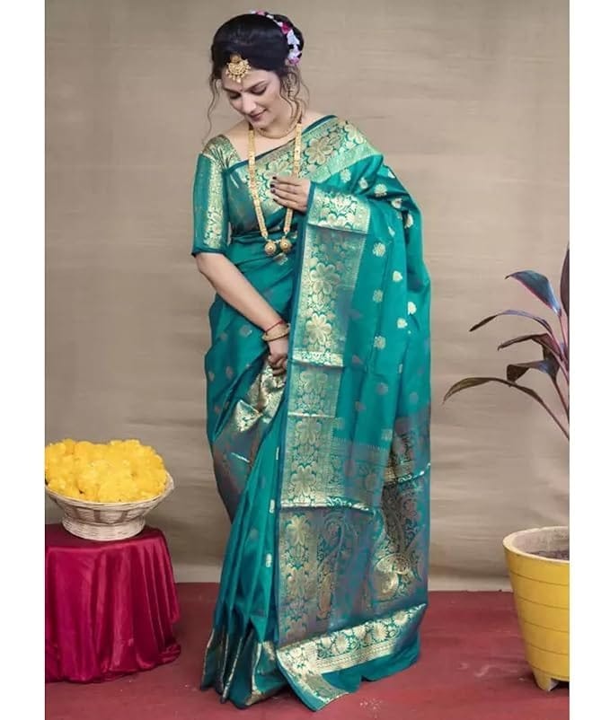 Teal Green Traditional Silk Saree with Rich Gold Zari Border