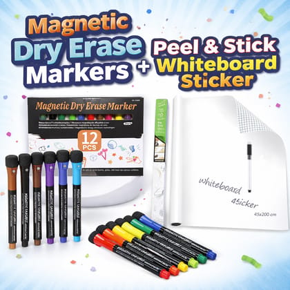 ALTYRITE Whiteboard Sticker Roll 45 x 200 cm with 12 Magnetic Dry Erase Markers | Self Adhesive White Wall Board, Reusable Writing Surface | No Ghosting for Kids, Planner, Kitchen & Office