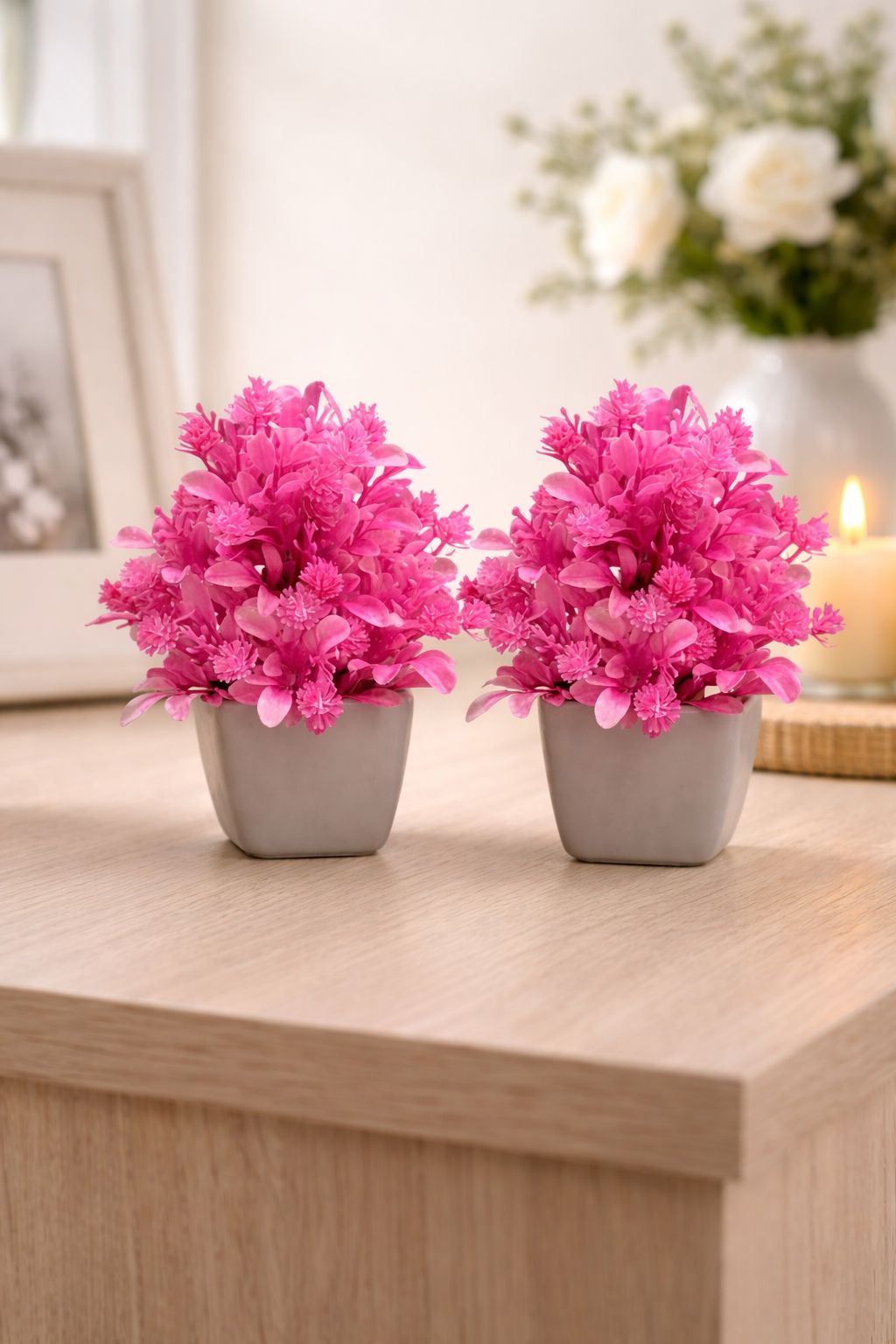 Artificial Pink Flower Bonsai with Decorative Planter Pot (Set of 2)