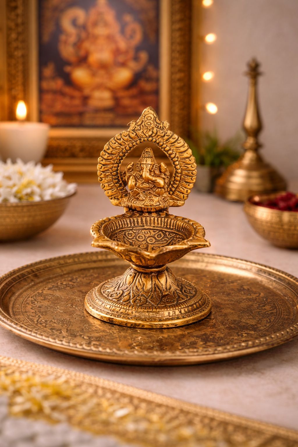 Traditional Brass Ganesha Diya Oil Lamp Decorative Statue