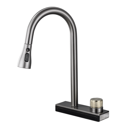 Rainfall Pull Out Four-Flow 360° Hot & Cold Stainless Steel Kitchen Mixer Faucet Black Grey