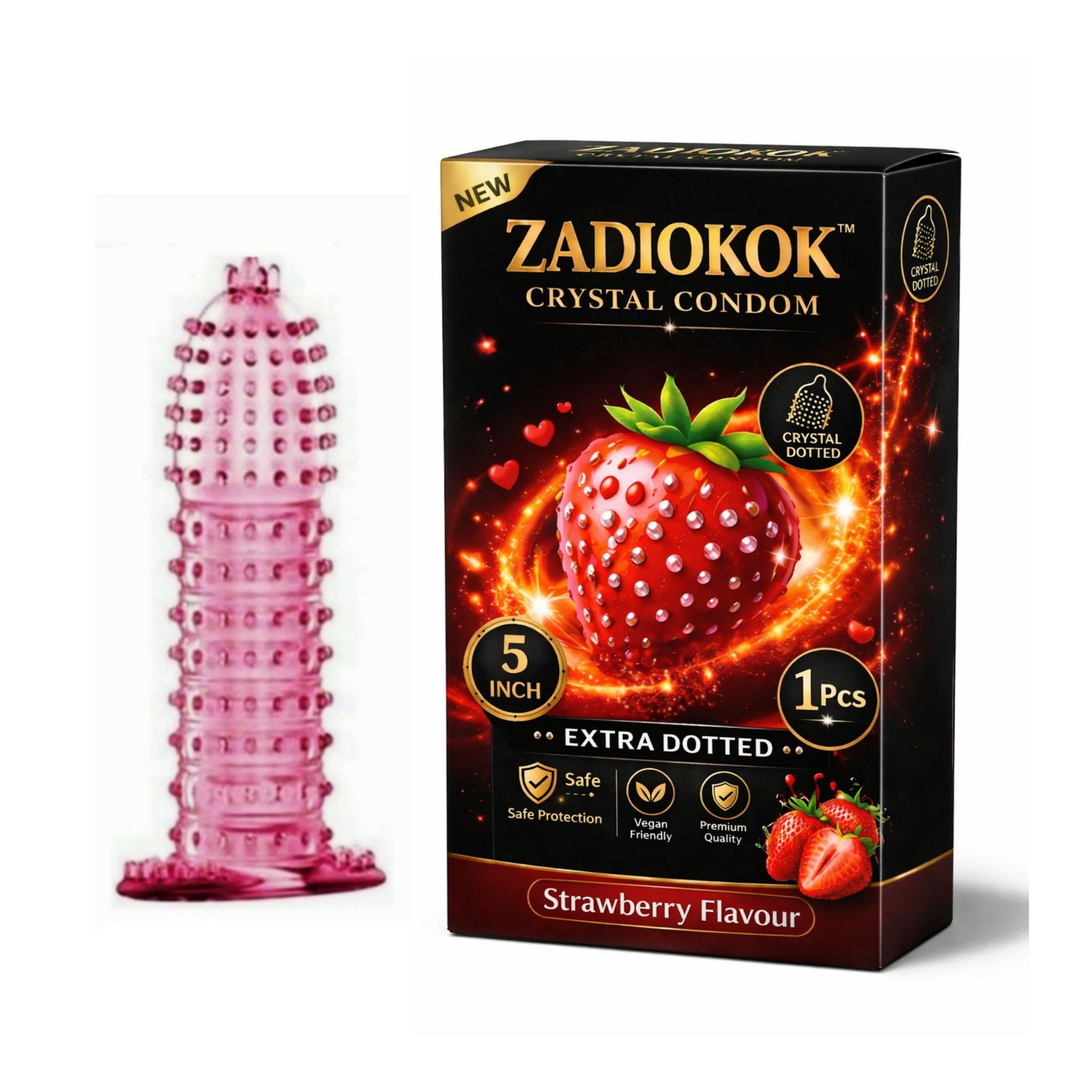 ZADIOKOK Crystal Dotted Condom Reusable Many Times (5 Inch) Strawberry Flavour, Extra Dotted Texture for Enhanced Pleasure (1 Pc)
